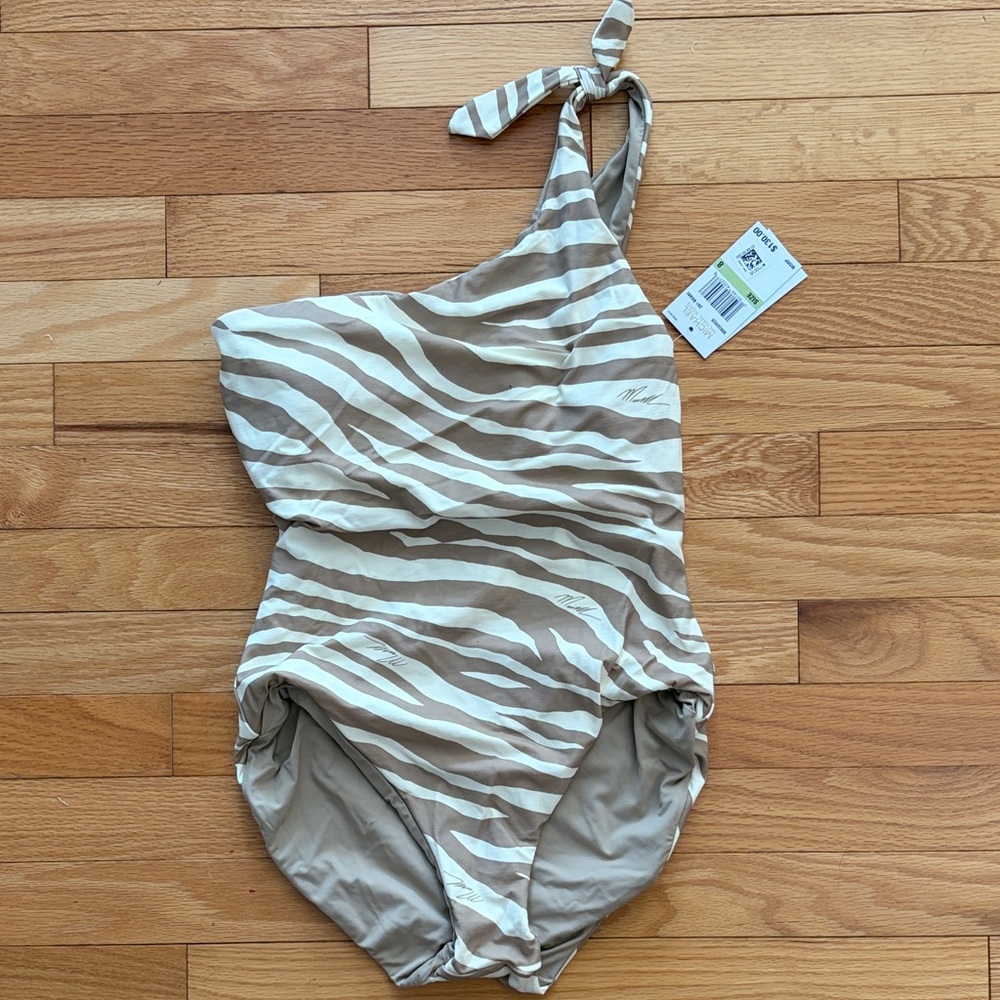 Michael Kors Beige and White Zebra One-Shoulder Swimsuit